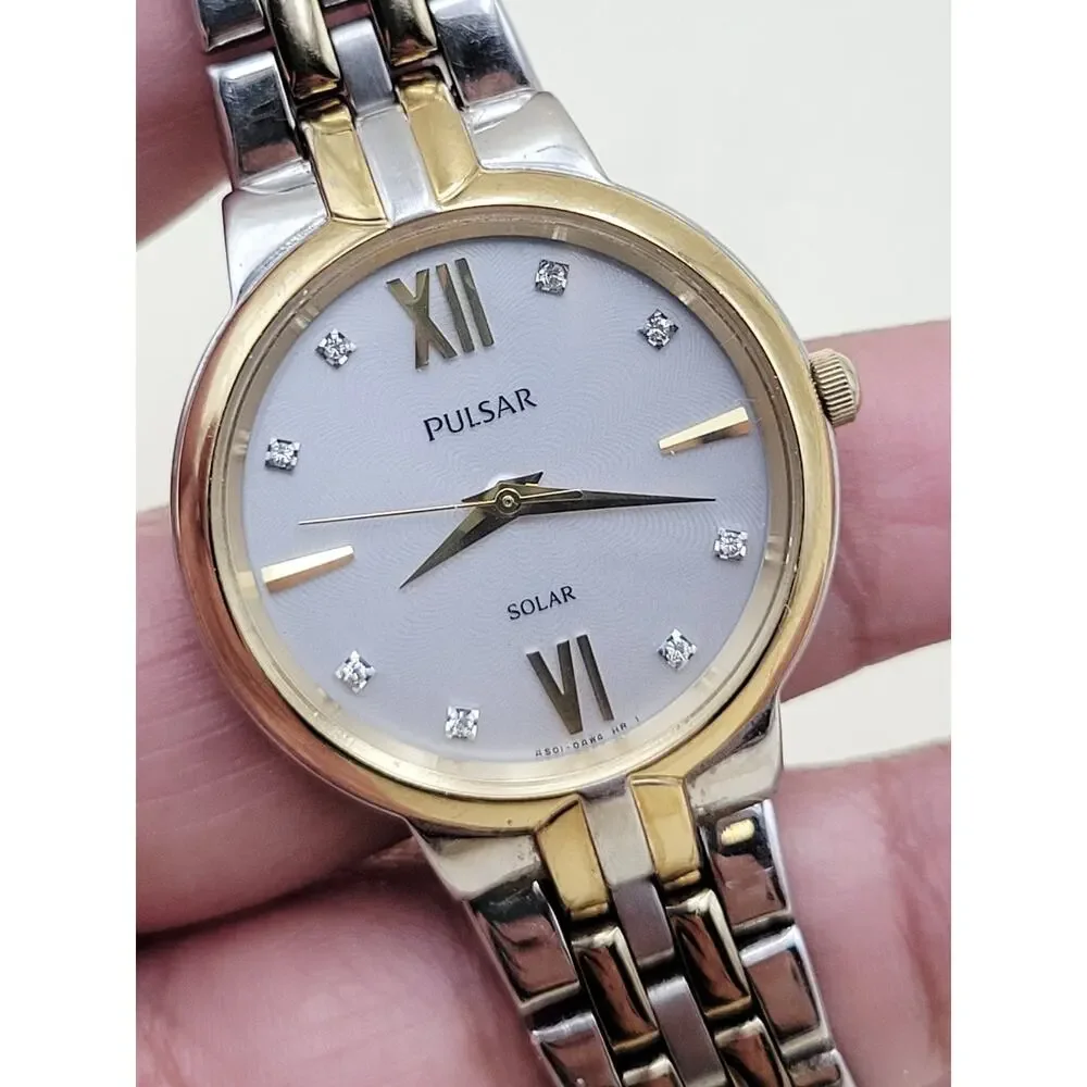 Pulsar Solar Womens Wristwatch Two Tone Silver Gold Stainless Steel AS01 672090